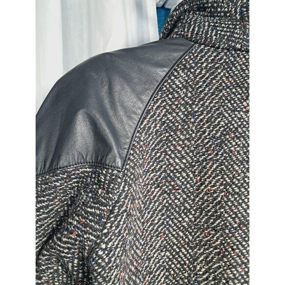 Vintage 80s Ann-Gee Wool Blend Coat XL Black Lined Tweed Leather Trim 11/12 - Picture 5 of 14